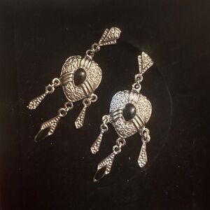Vintage Silver and Black Dangle Onyx Pierced Earrings